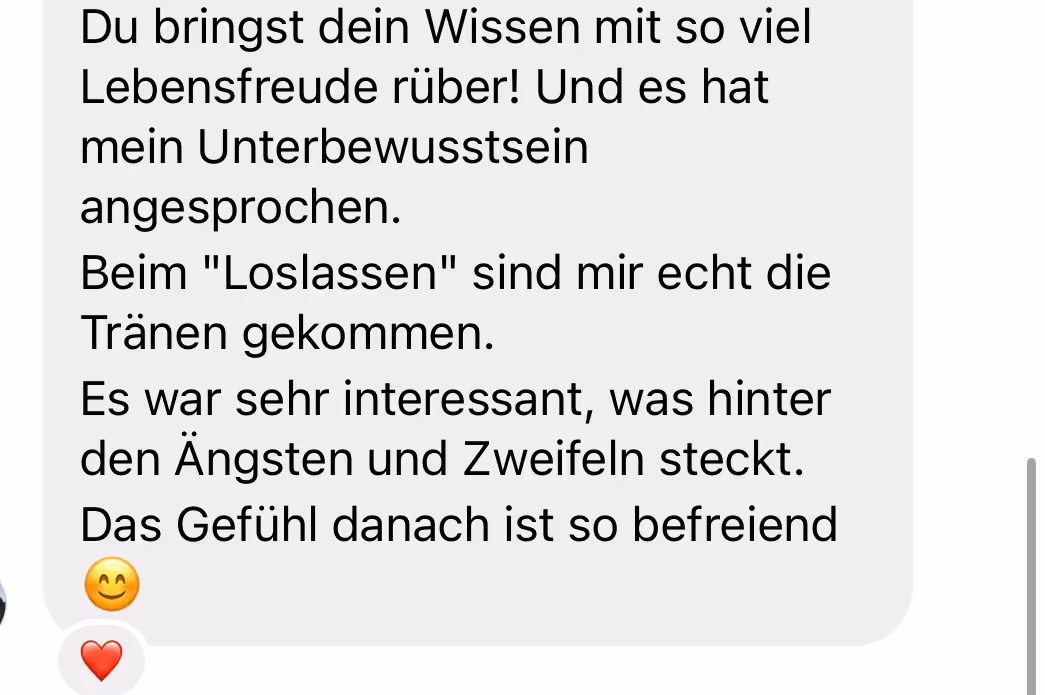 Du bringst dein Wissen mit so viel Lebensfreude rüber! Und es hat mein Unterbewusstsein angesprochen.
Beim "Loslassen" sind mir echt die Tränen gekommen.
Es war sehr interessant, was hinter den Ängsten und Zweifeln steckt.
Das Gefühl danach ist so befreiend